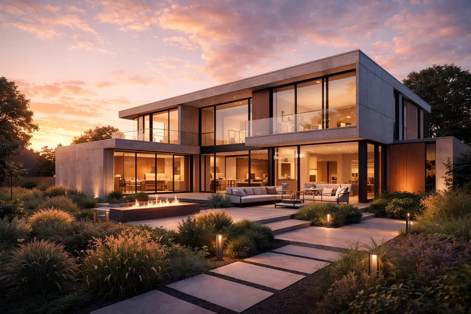 ChatGPT Image generator example — photorealistic architectural exterior render of a modern minimalist house at golden hour