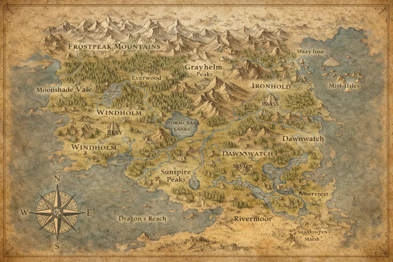 ChatGPT Image generator example — hand-drawn fantasy illustrated map with readable place labels, decorative cartographic border, and warm parchment tones