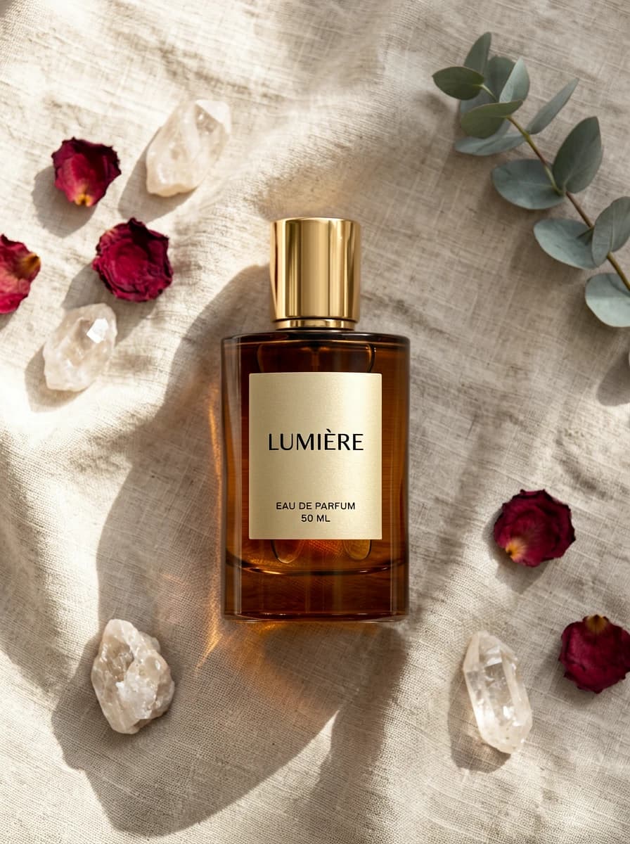 High-end luxury perfume advertising photograph with elegant composition and natural light, generated by ChatGPT Image