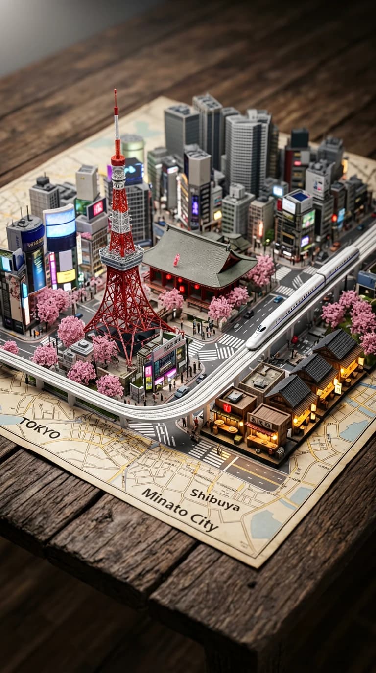 Macro photography style 3D miniature city map with bilingual Japanese and English labels, generated by ChatGPT Image