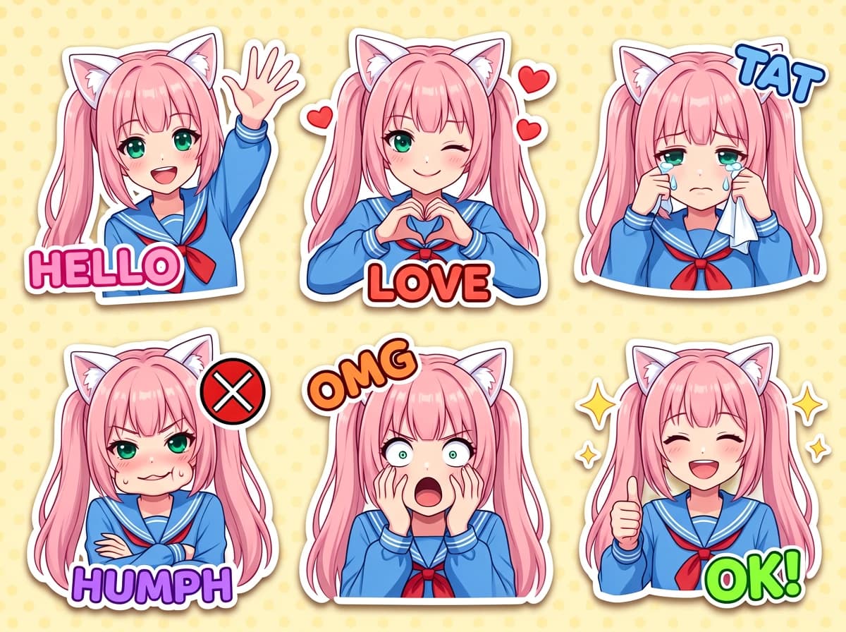 Digital illustration of an anime sticker sheet with multiple characters and cute elements, generated by ChatGPT Image