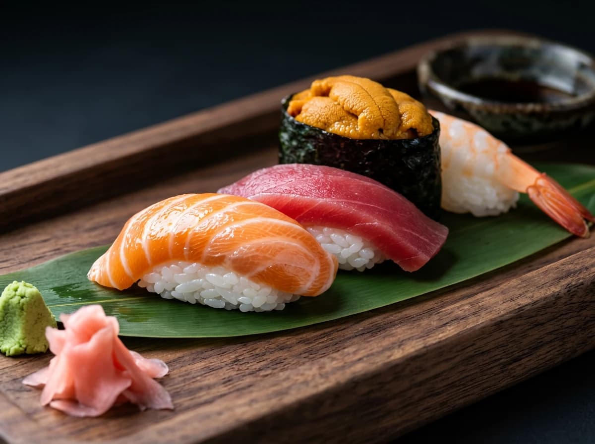 Extremely photorealistic professional food photography of salmon sushi with shallow depth of field, generated by ChatGPT Image